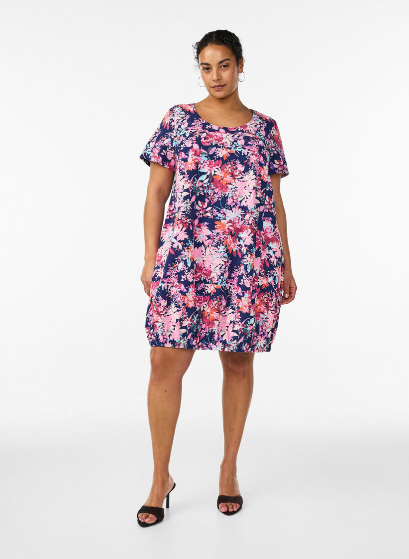 Short-sleeved cotton dress with print, Blue, Model image number 1