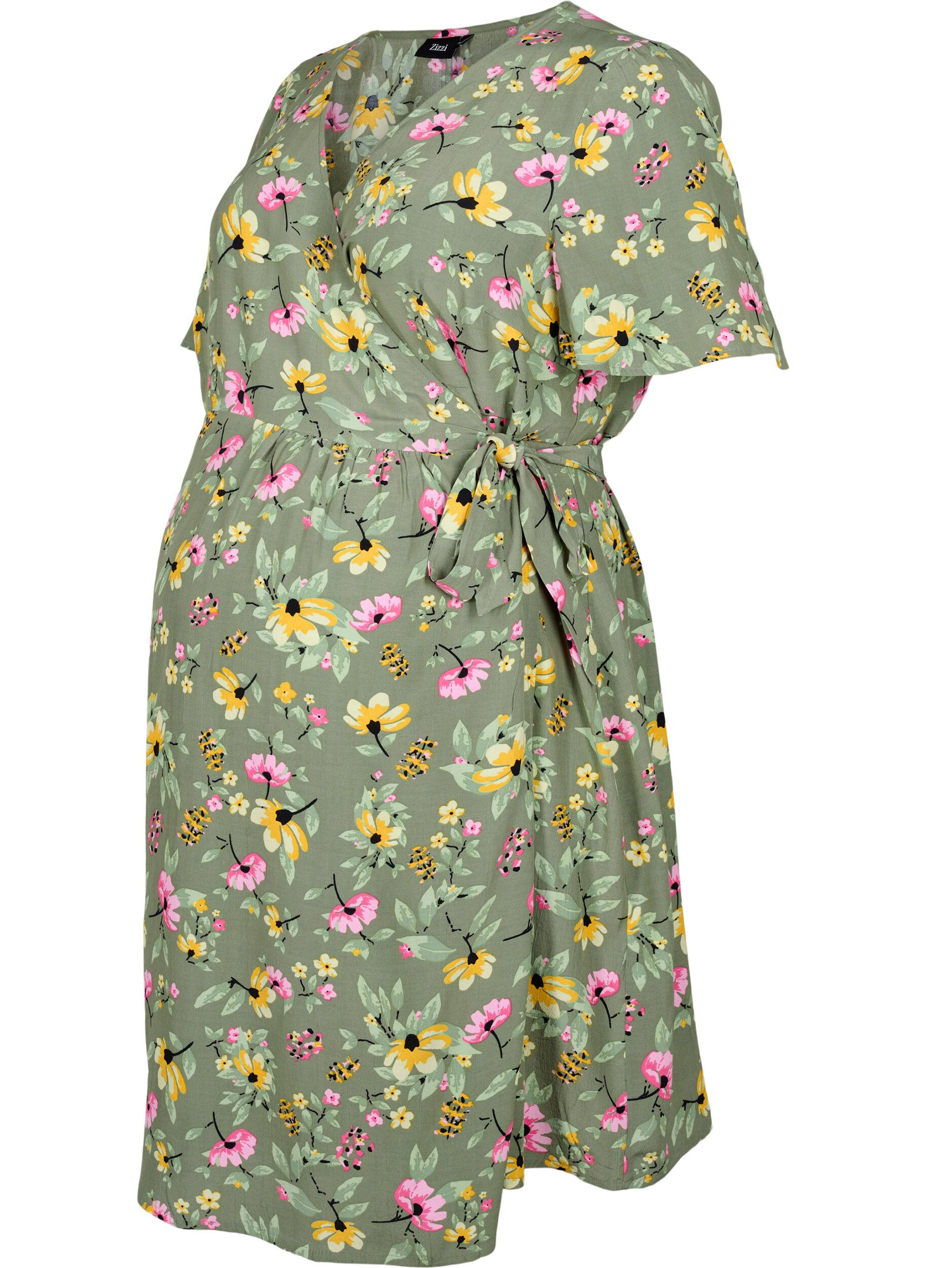 Zizzifashion Pregnancy dress in viscose with wrap, Green Flower Print, Packshot image number 0