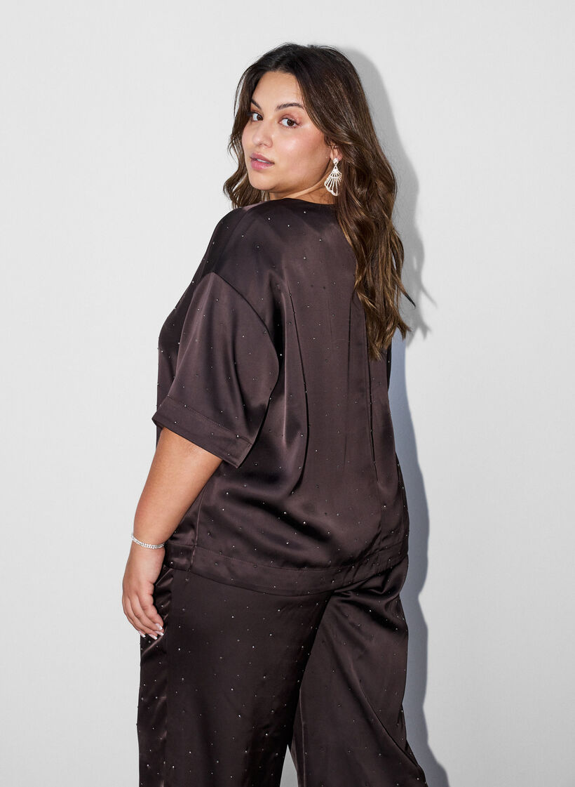 Satin blouse with rhinestones and elbow-length sleeves, Brown, Model image number 2
