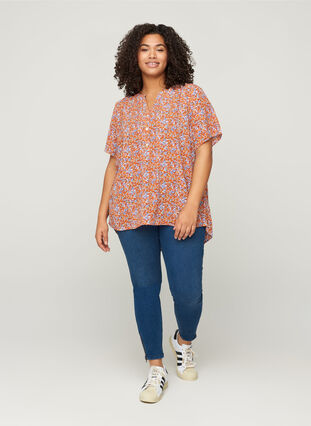 Printed blouse with short sleeves, Orange Flower AOP, Model image number 2