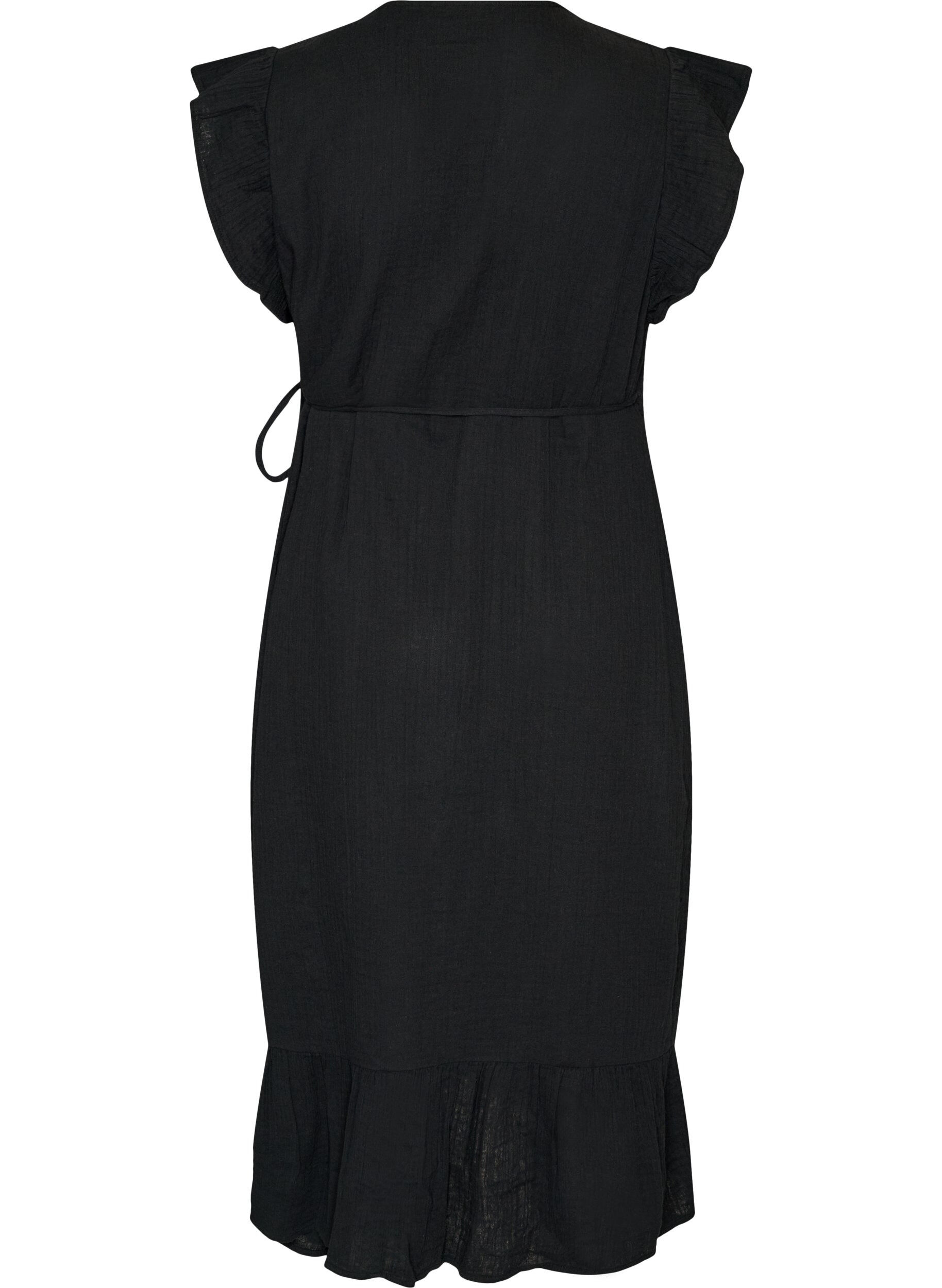 Zizzifashion Wrap dress in cotton muslin with ruffles, Black, Packshot image number 1