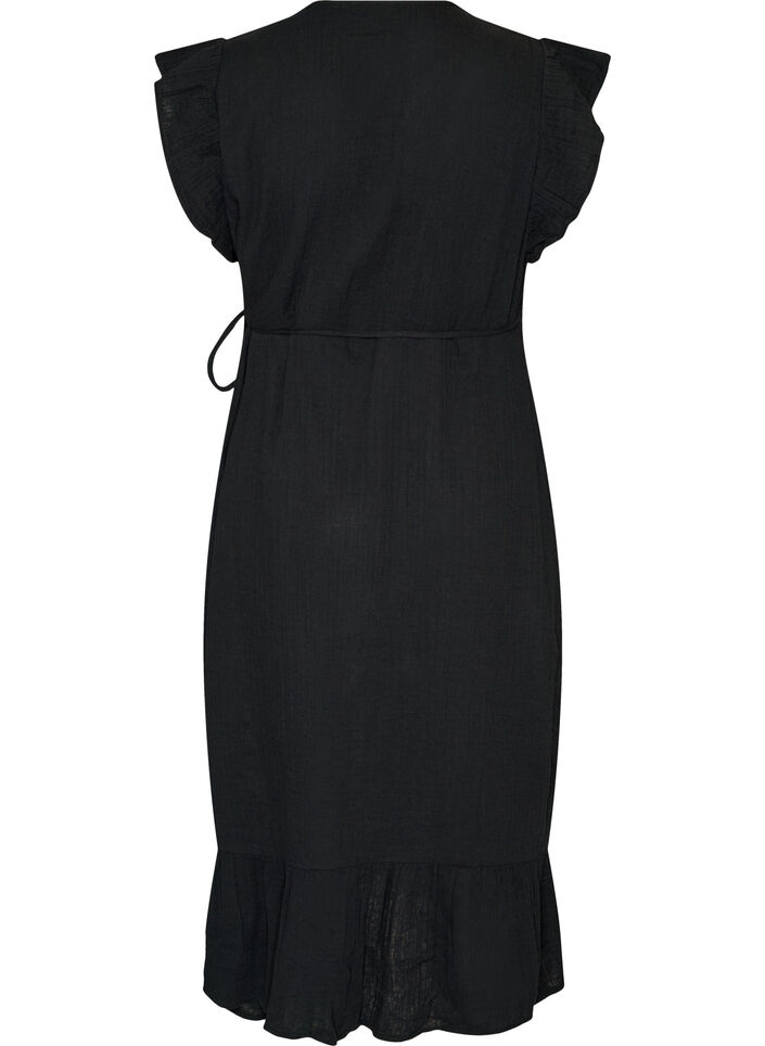 Wrap dress in cotton muslin with ruffles, Black, Packshot image number 1