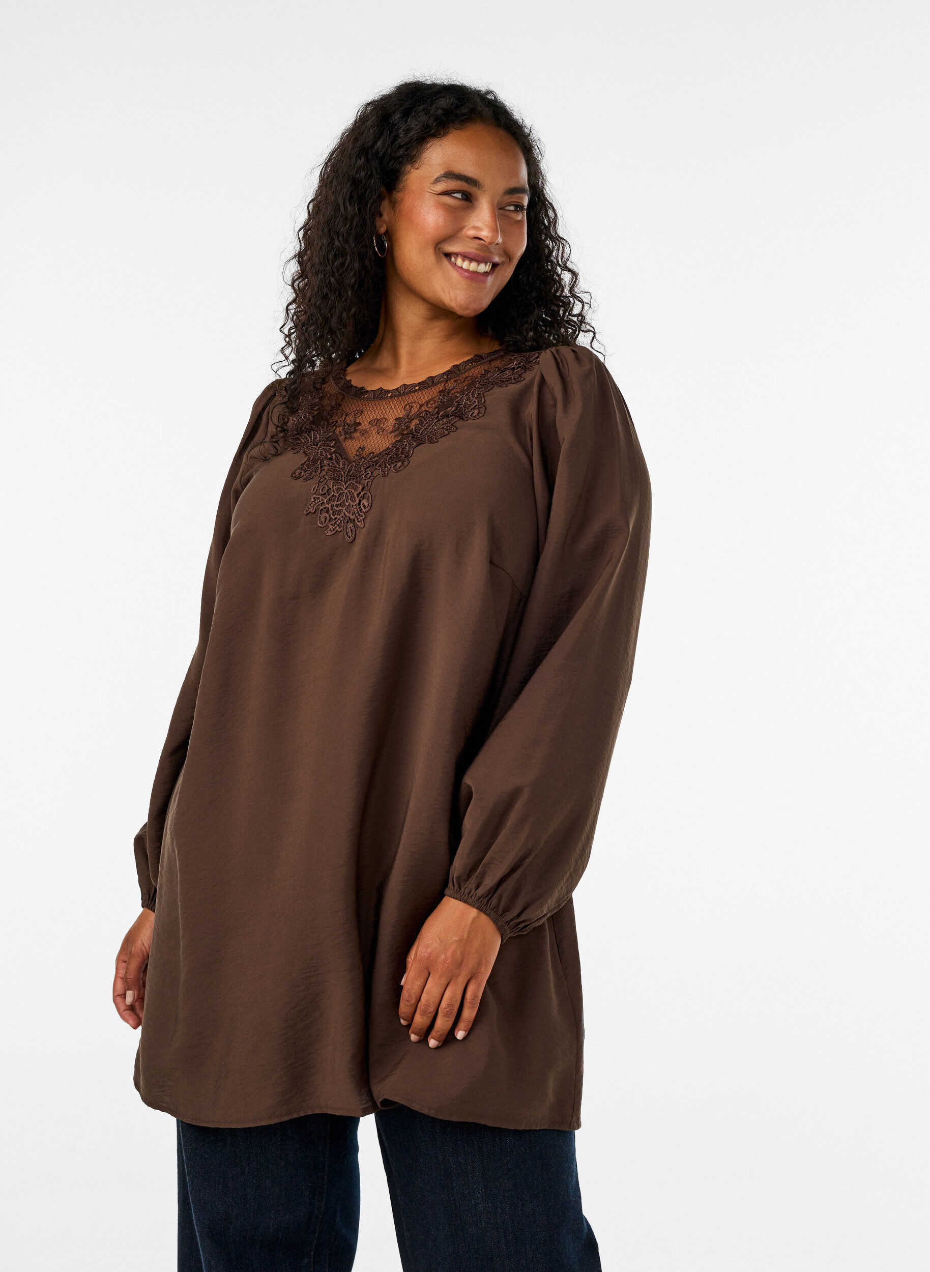 Tunic in viscose with lace detail, Brown, Model