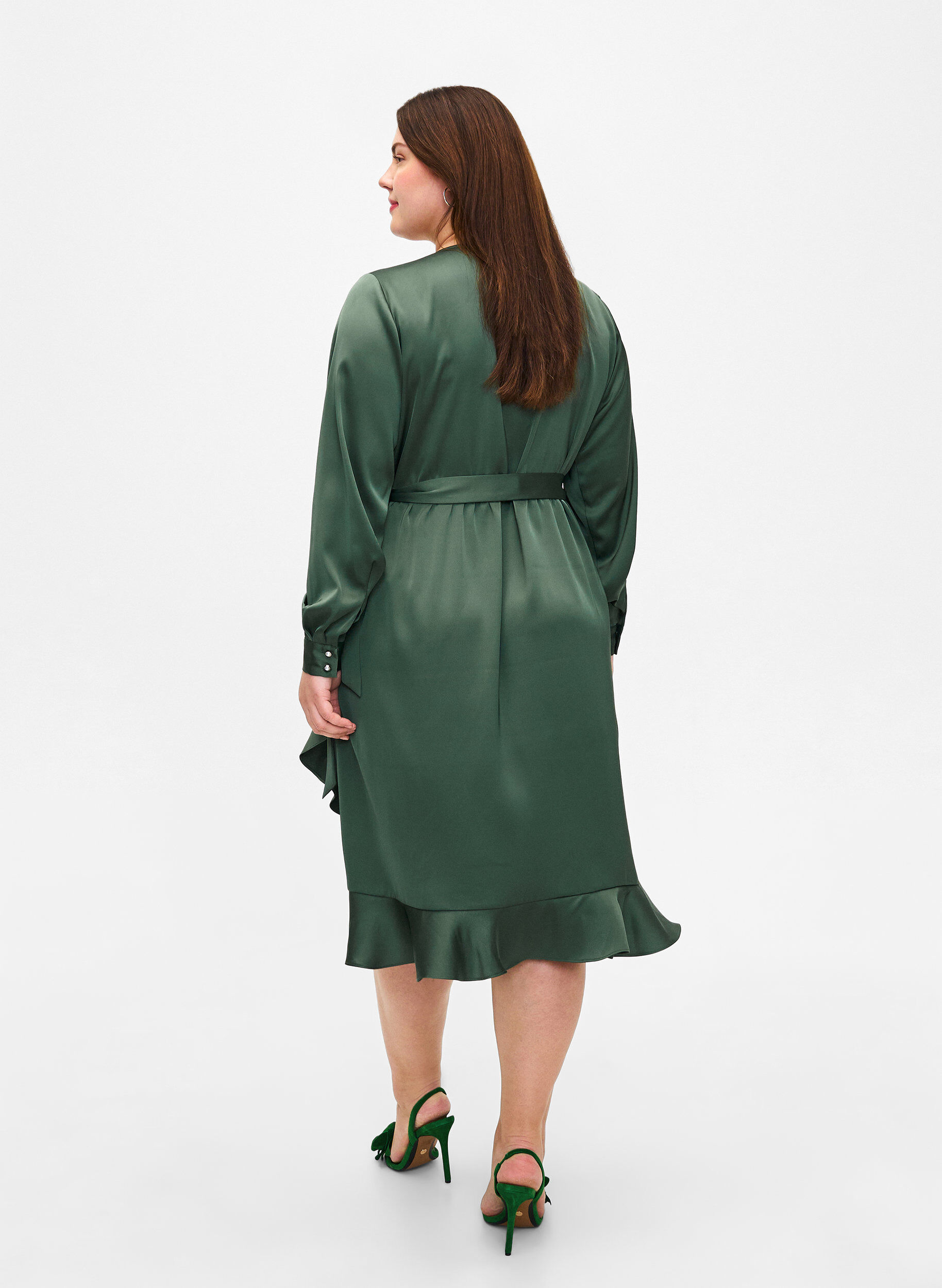 Zizzifashion Long sleeve satin wrap dress, Duck Green, Model image number 1