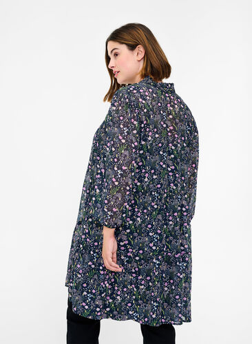 Floral print tunic with 3/4 sleeves, Black Iris Flower, Model image number 1