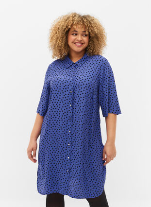 Long polka dotted shirt in viscose, R.Blue w. Black Dot, Model image number 0