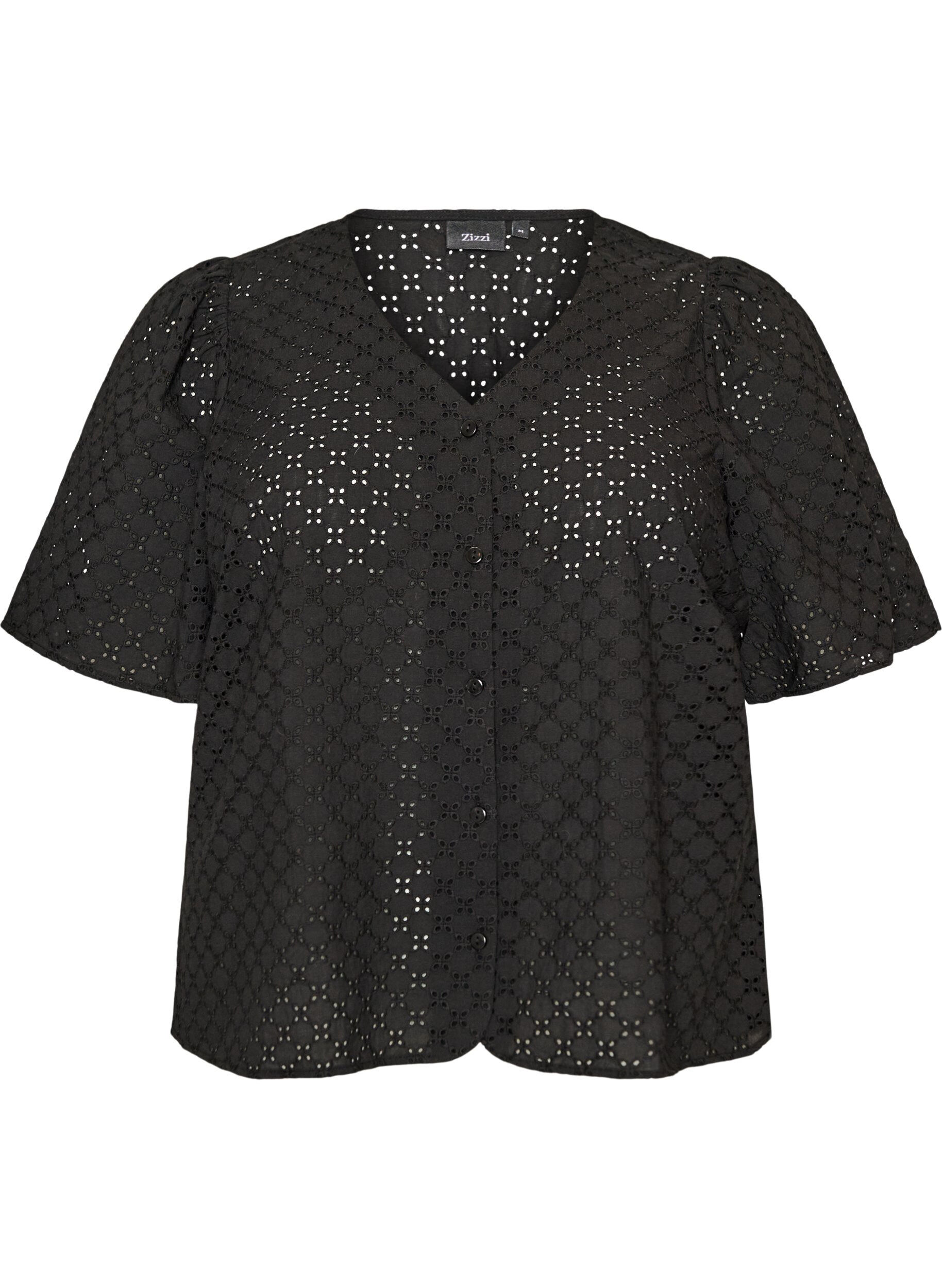 Zizzifashion Blouse in broderie anglaise with button fastening, Black, Packshot image number 0