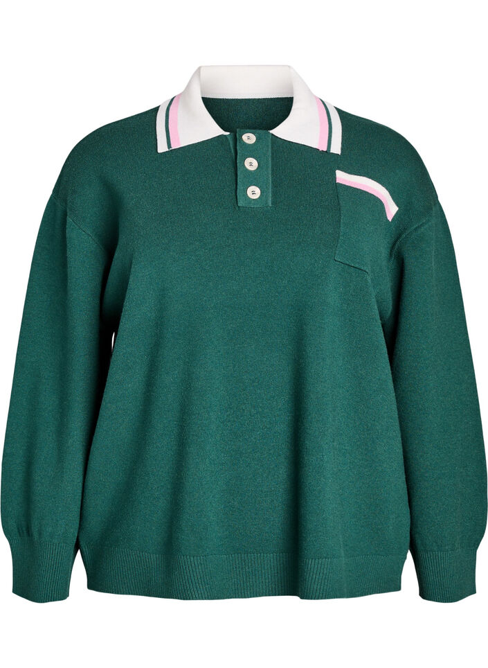 Knit blouse with polo collar and contrast stripes, Green, Packshot image number 0