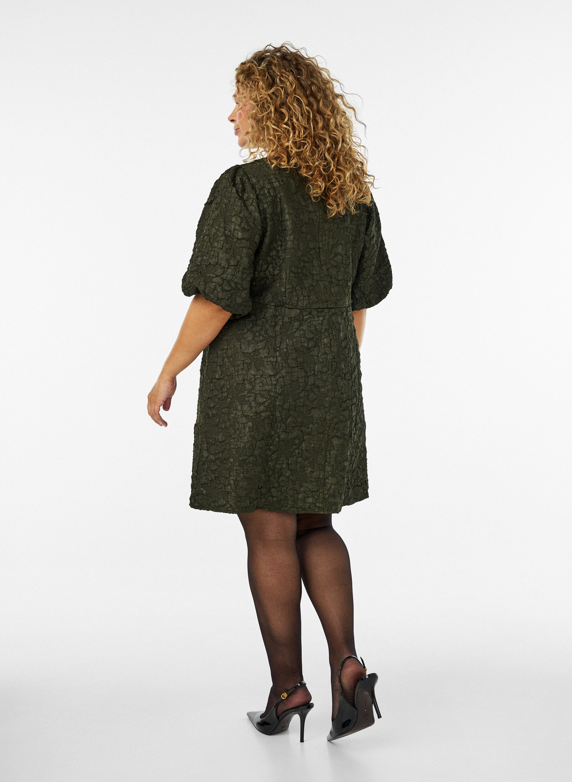 ZizzifashionJacquard dress with puff sleeves and A-line, Green, Model image number 2