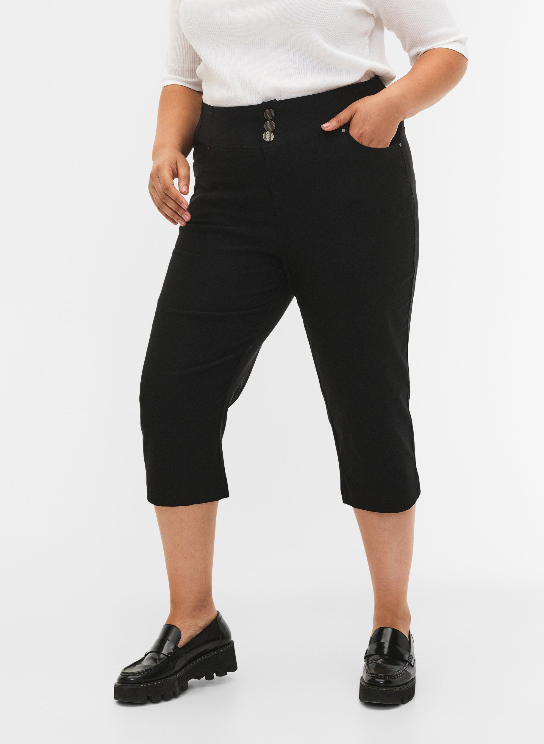 Zizzifashion 	 Tight-fitting high-waisted capri trousers, Black, Model image number 2