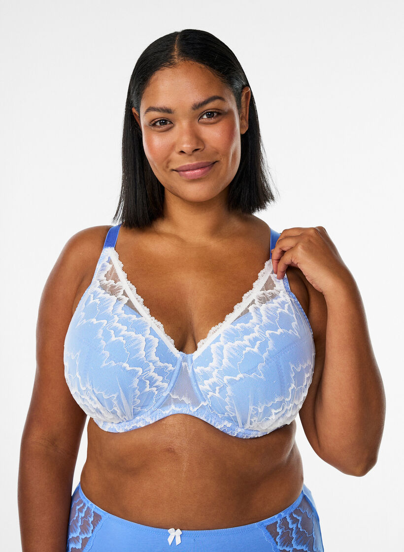 Padded bra with lace and mesh, Blue, Model image number 0