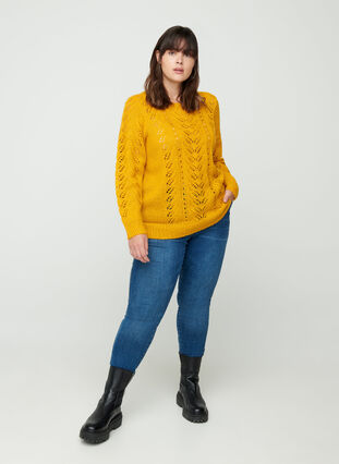 Knitted blouse with a feminine pattern, Mineral Yellow, Model image number 2