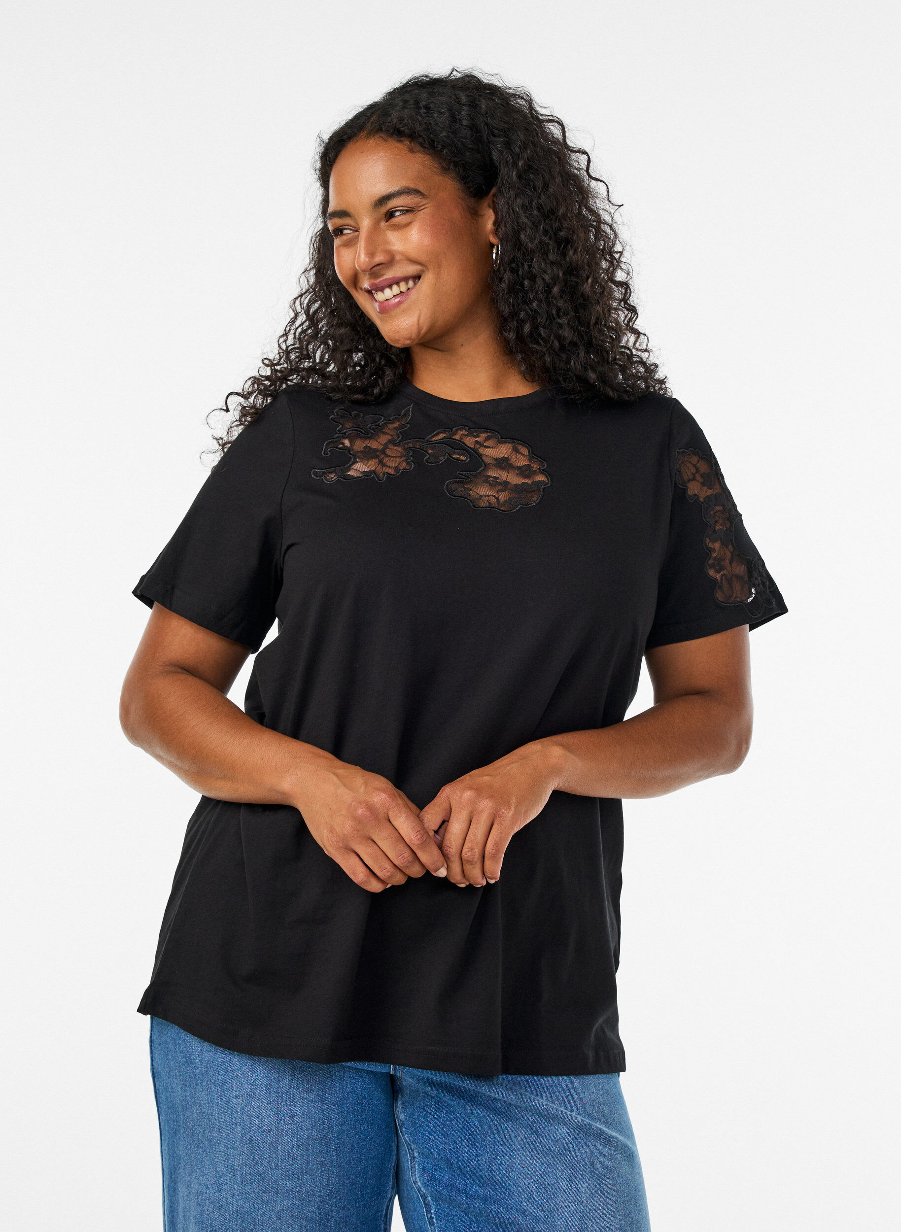 ZizzifashionCotton T-shirt with lace appliqu&eacute;s, Black, Model image number 0