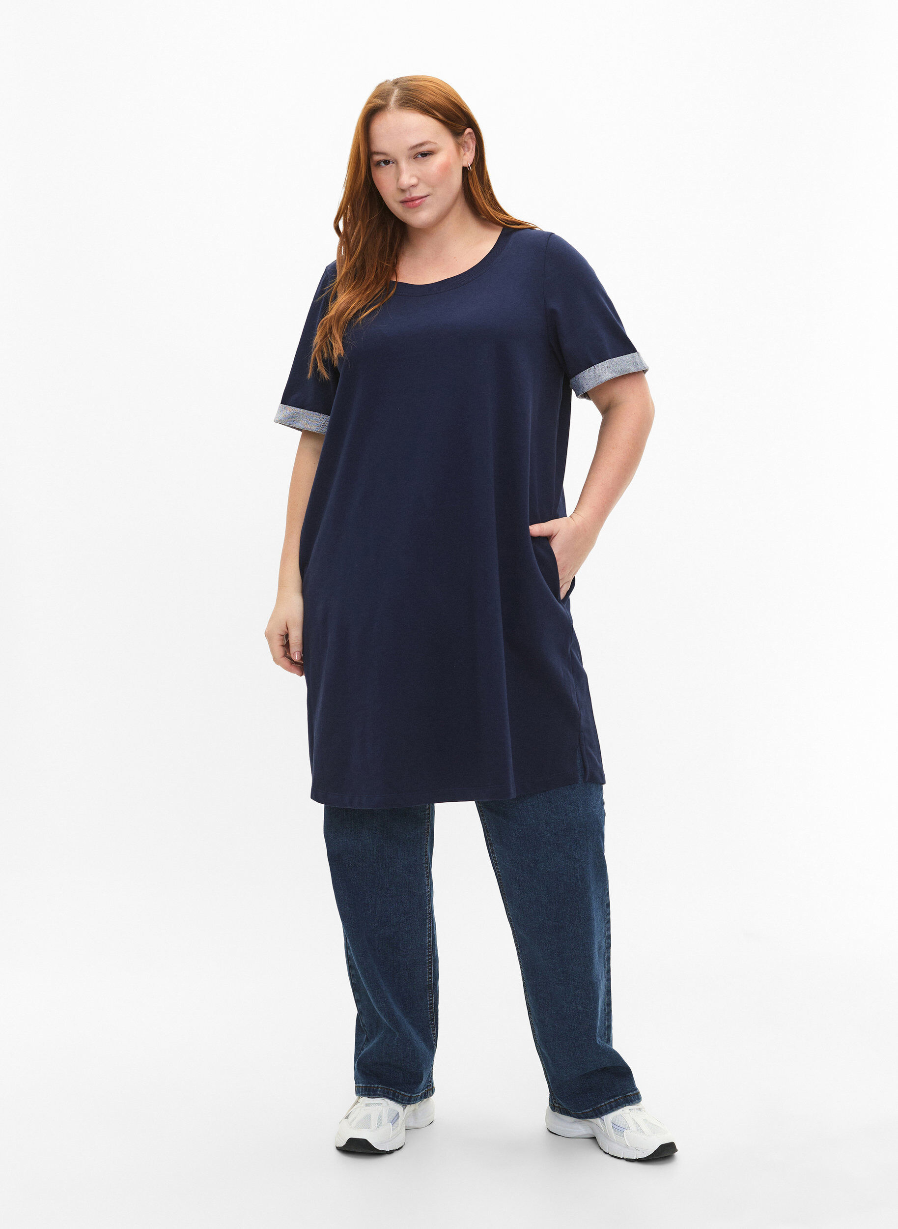 Zizzifashion Short-sleeved sweat dress with pockets, Black Iris, Model image number 2