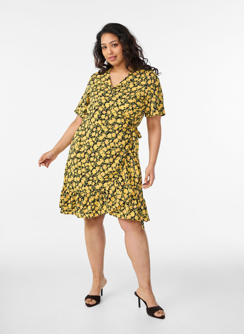 Floral wrap dress with short sleeves, Yellow, Model image number 1