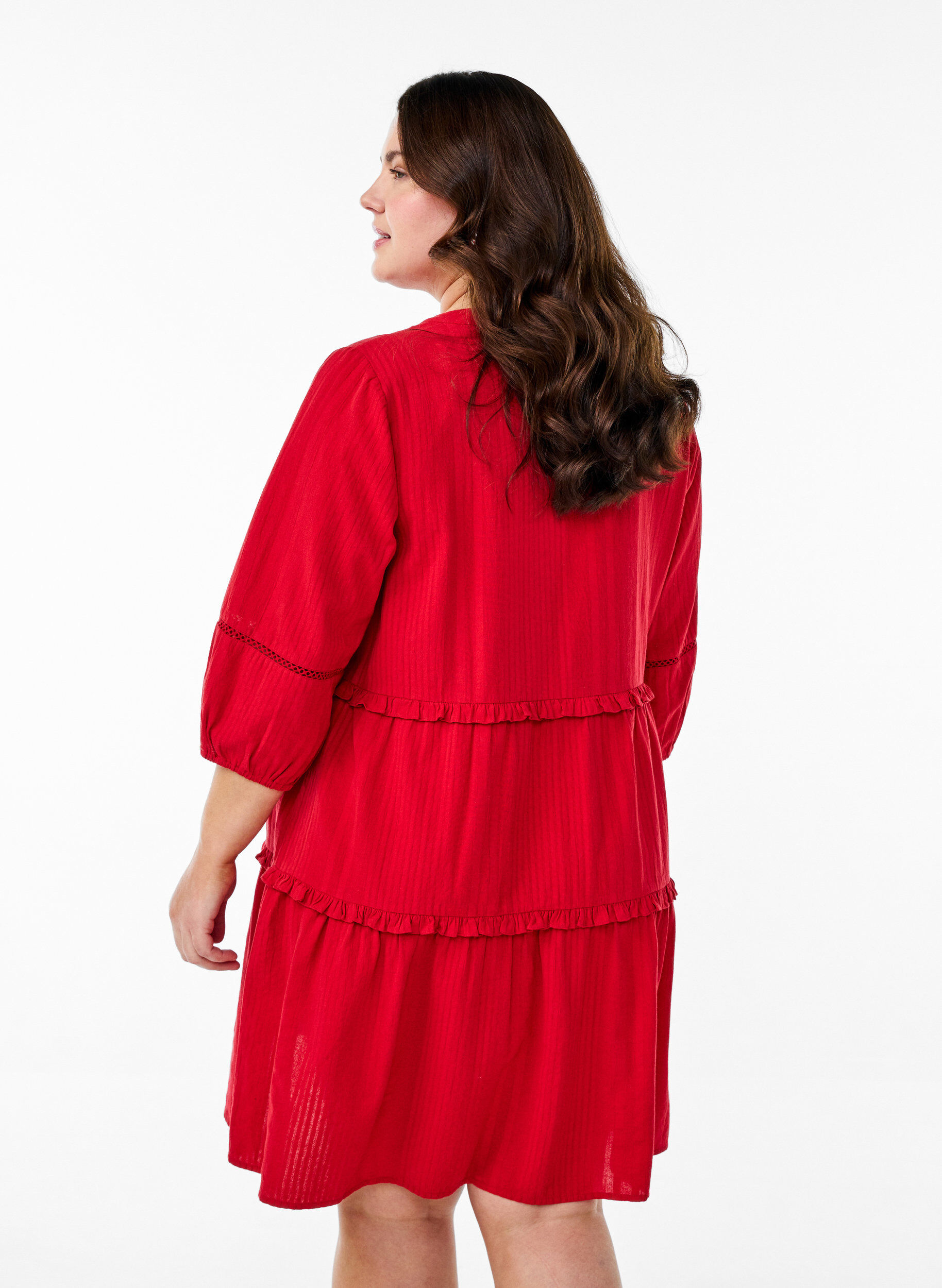 Zizzifashion 3/4 sleeve cotton dress with ruffles, Red, Model image number 2