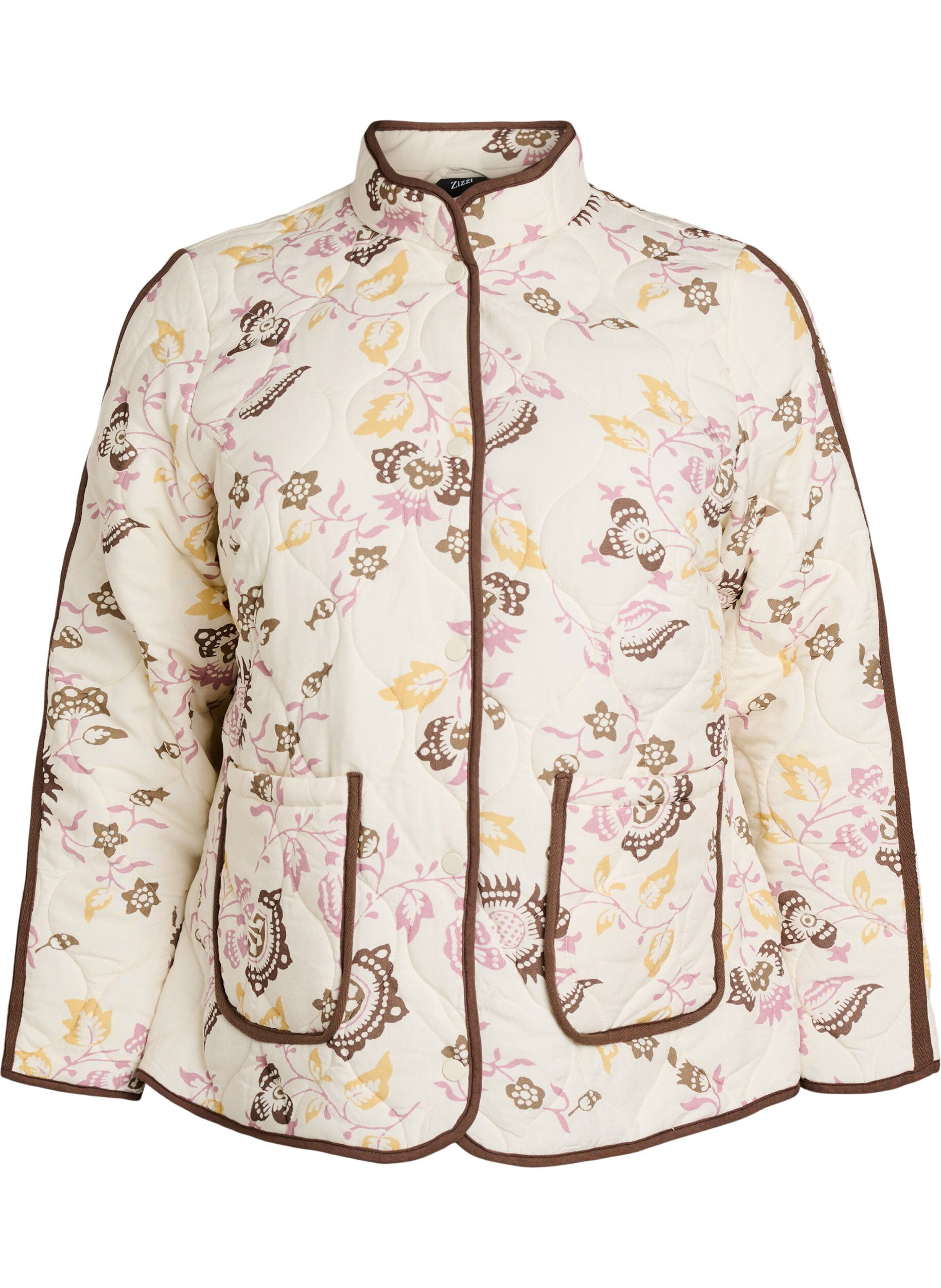 Zizzifashion Quilted jacket with buttons and floral print, Beige, Packshot image number 0