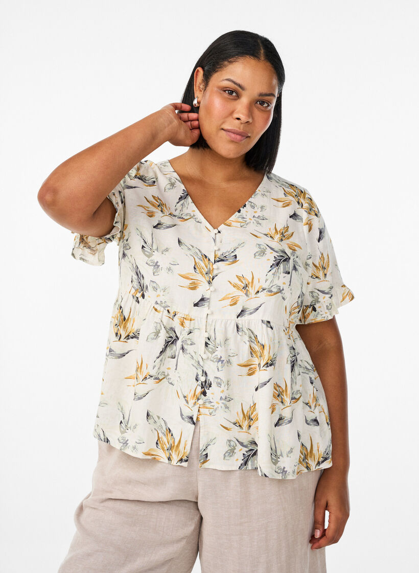 Blouse in linen and viscose with a V-neck and button fastening, White, Model image number 0