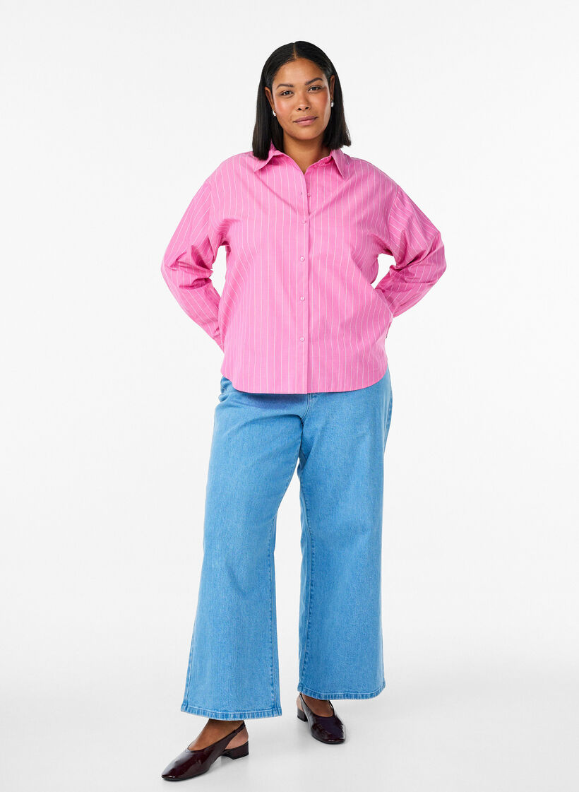 Shirt blouse with pinstripes and tie detail at the back, Pink, Model image number 1