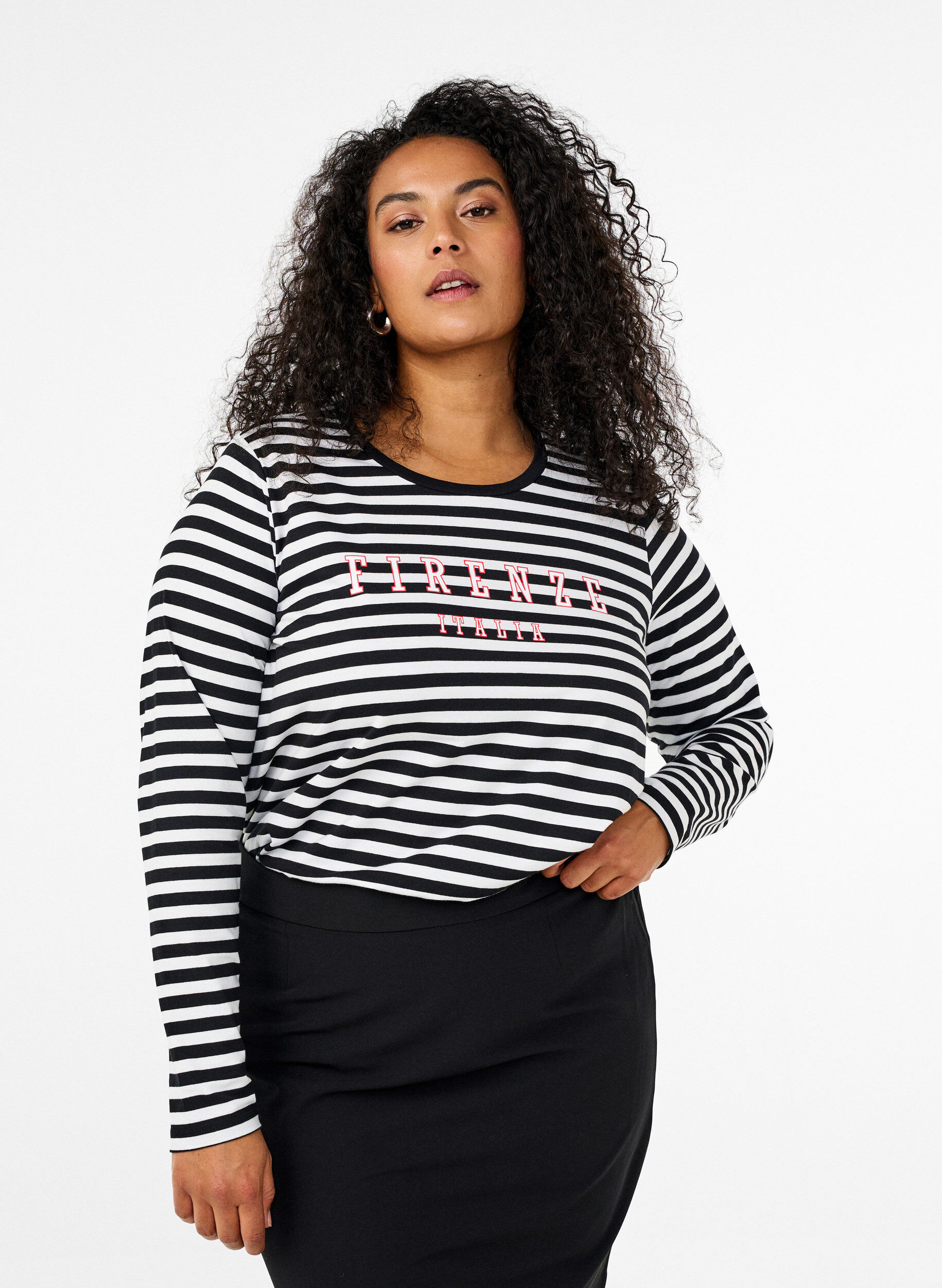 Zizzifashion Striped blouse with motif, White w.Black Stripe, Model image number 0