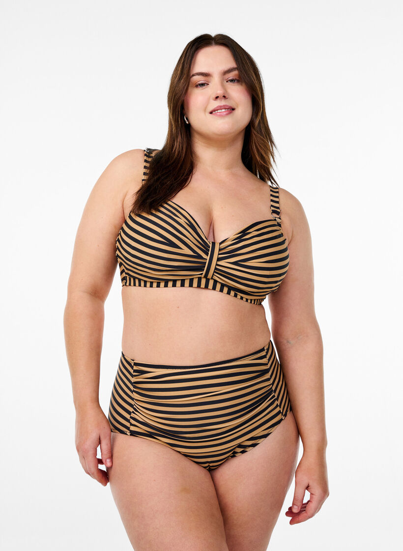 High-waisted bikini bottoms with stripes, Brown, Model image number 0