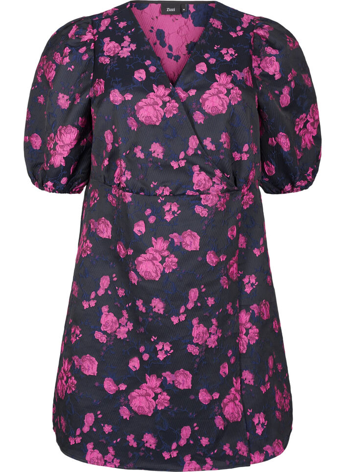 Short jacquard wrap dress, Black w. Red Rose, Packshot image number 0