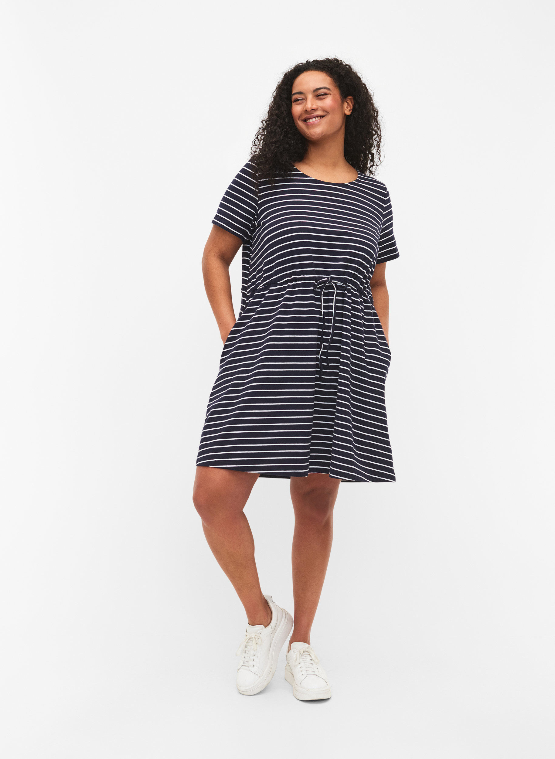 Zizzifashion Striped tunic in cotton with short sleeves, Night Sky Stripe, Model image number 2