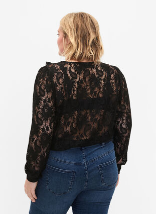 Lace top with frill detail, Black, Model image number 1