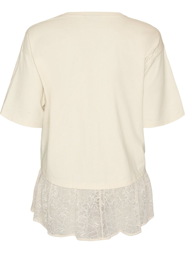 Loose T-shirt with wide lace trim, Beige, Packshot image number 1