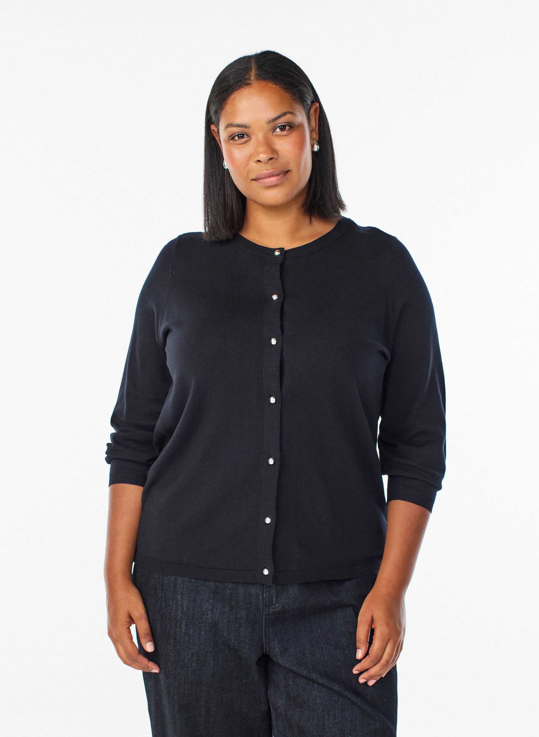 Cardigan with round buttons, Black, Model