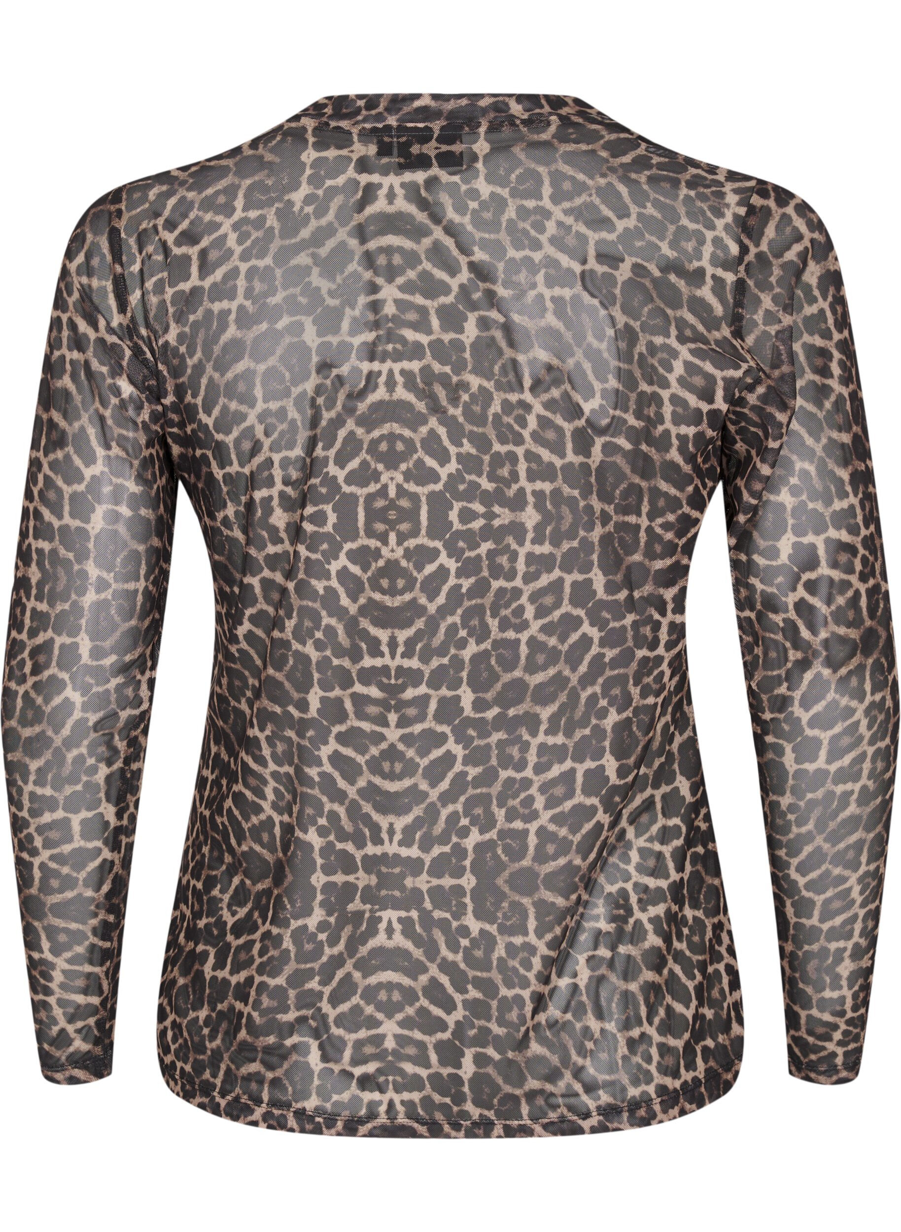 Zizzifashion Mesh blouse with leopard pattern, Brown, Packshot image number 1
