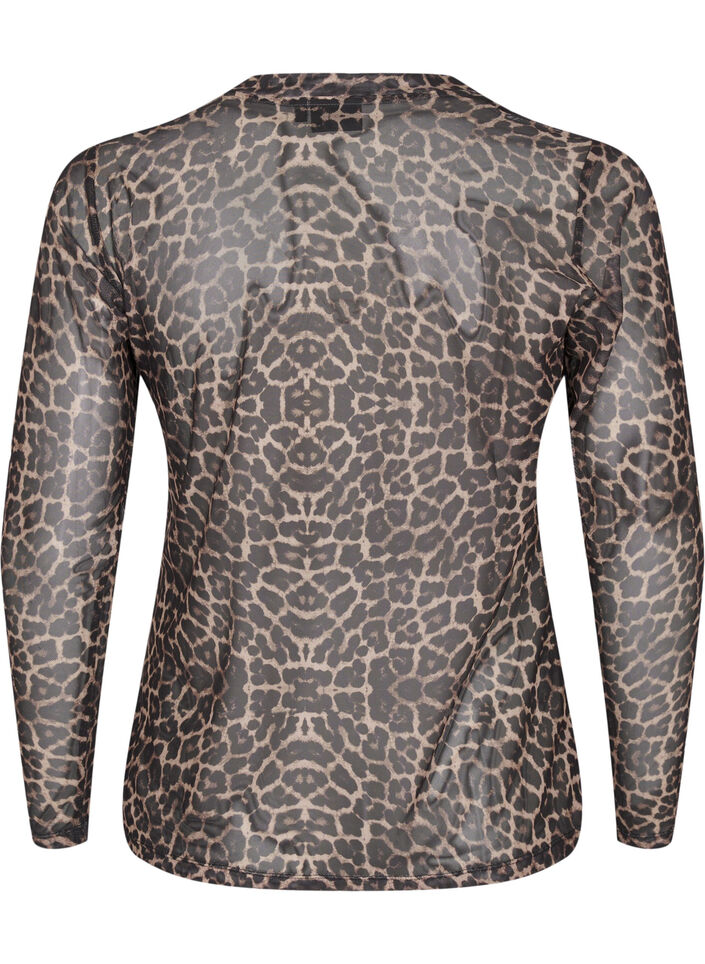 Mesh blouse with leopard pattern, Brown, Packshot image number 1