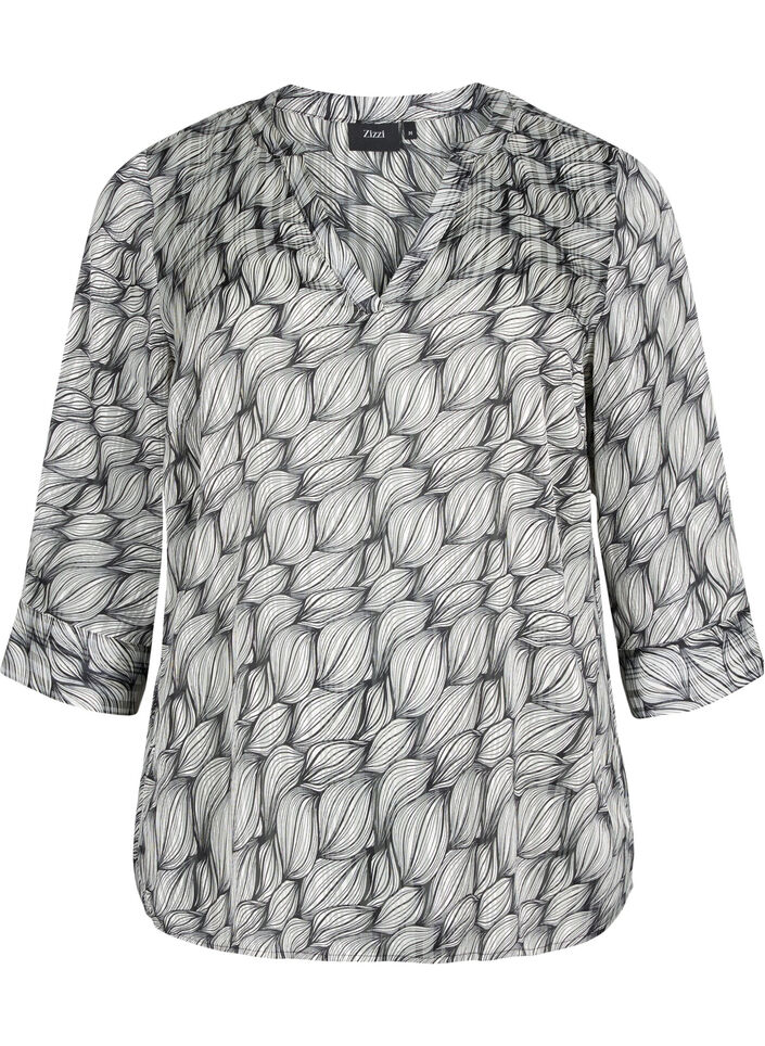 Printed blouse with 3/4 sleeves, Black White Leaf, Packshot image number 0