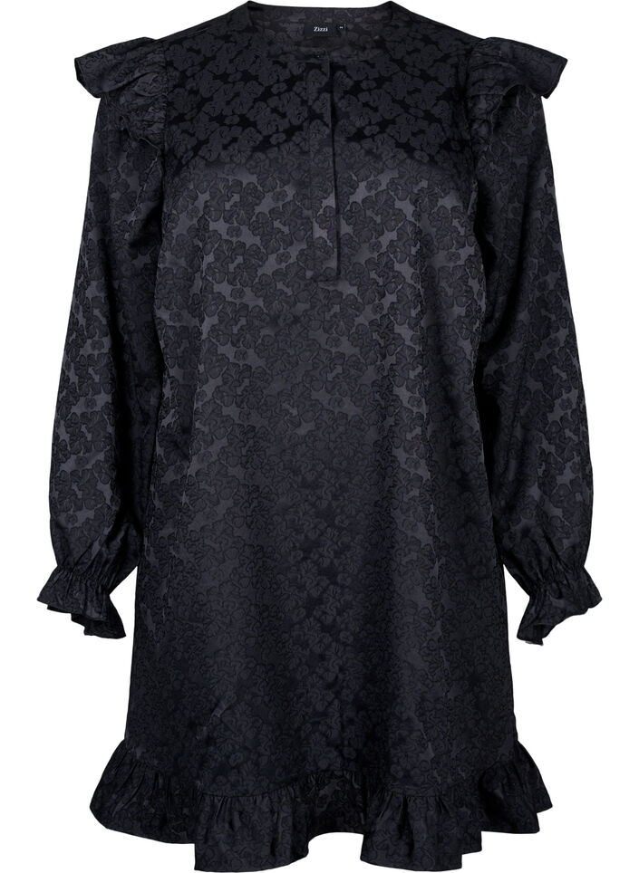 Jacquard dress with long sleeves and ruffle detail, Black, Packshot image number 0