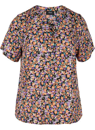 Printed blouse with short sleeves, Black Flower AOP, Packshot image number 0