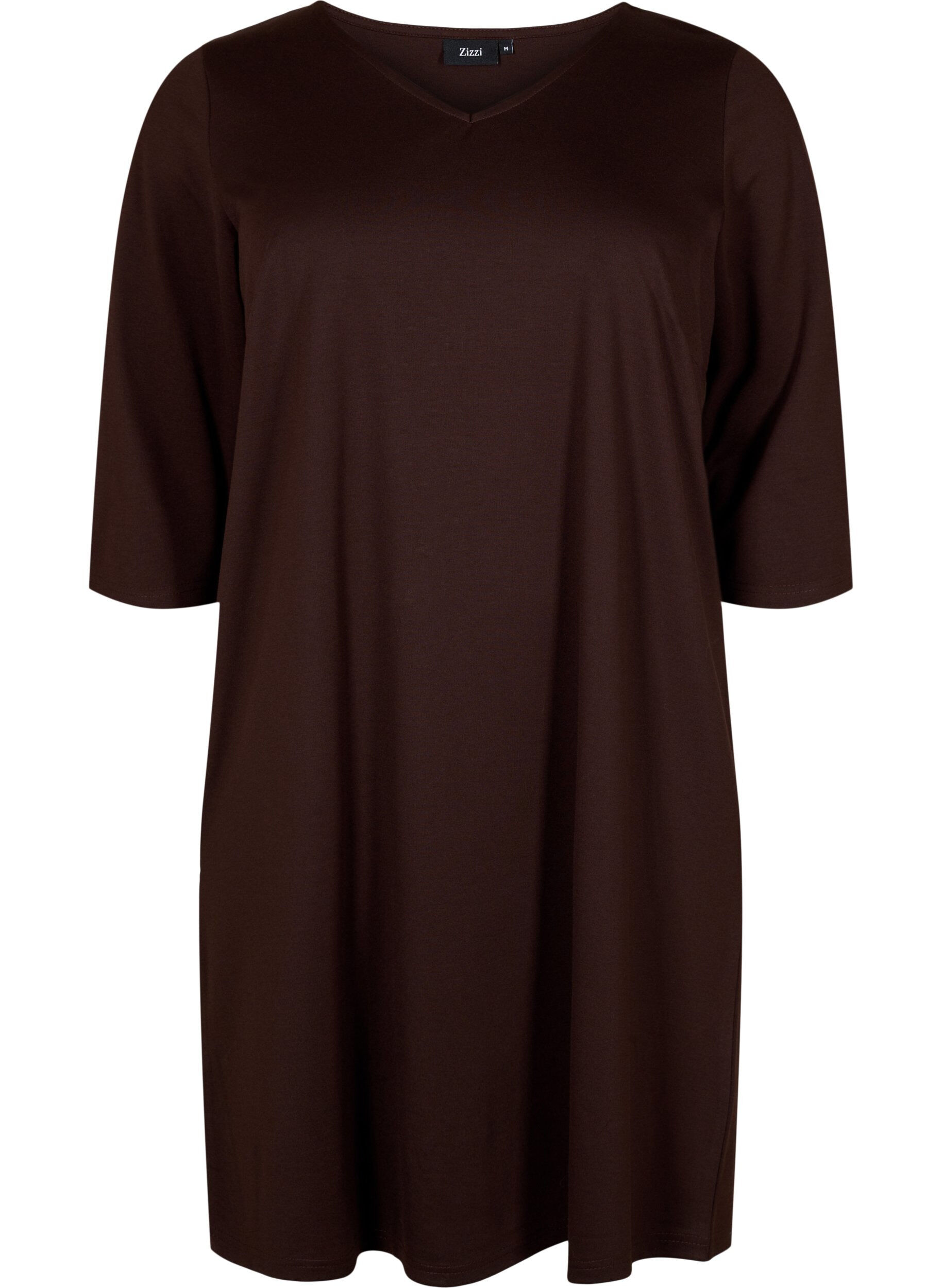 Zizzifashion Plain dress with v neck and 3/4 sleeves, Coffee Bean, Packshot image number 0