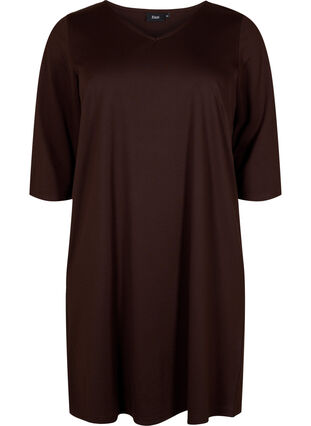 Plain dress with v neck and 3/4 sleeves, Coffee Bean, Packshot image number 0