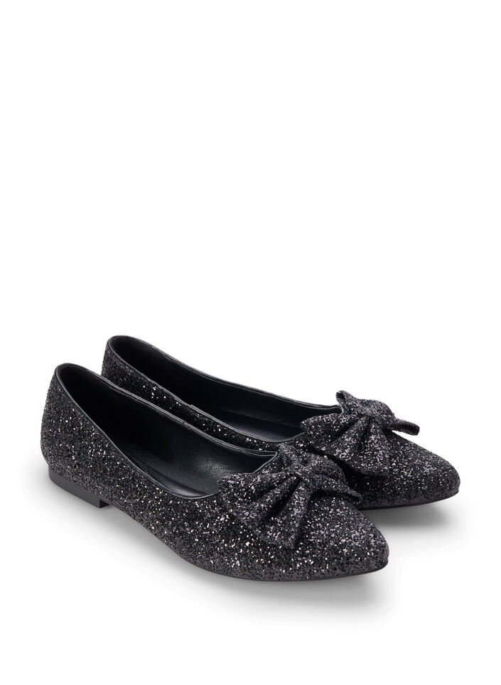 Wide fit glitter ballerina with bow, Black, Packshot image number 1