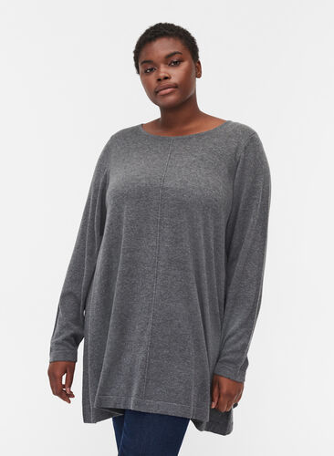 Plain knitted blouse with rounded neckline, Dark Grey Melange, Model image number 0