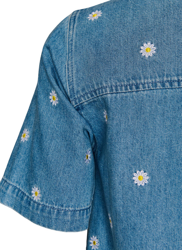 Short denim dress with embroidered flowers, Light Blue, Packshot image number 3