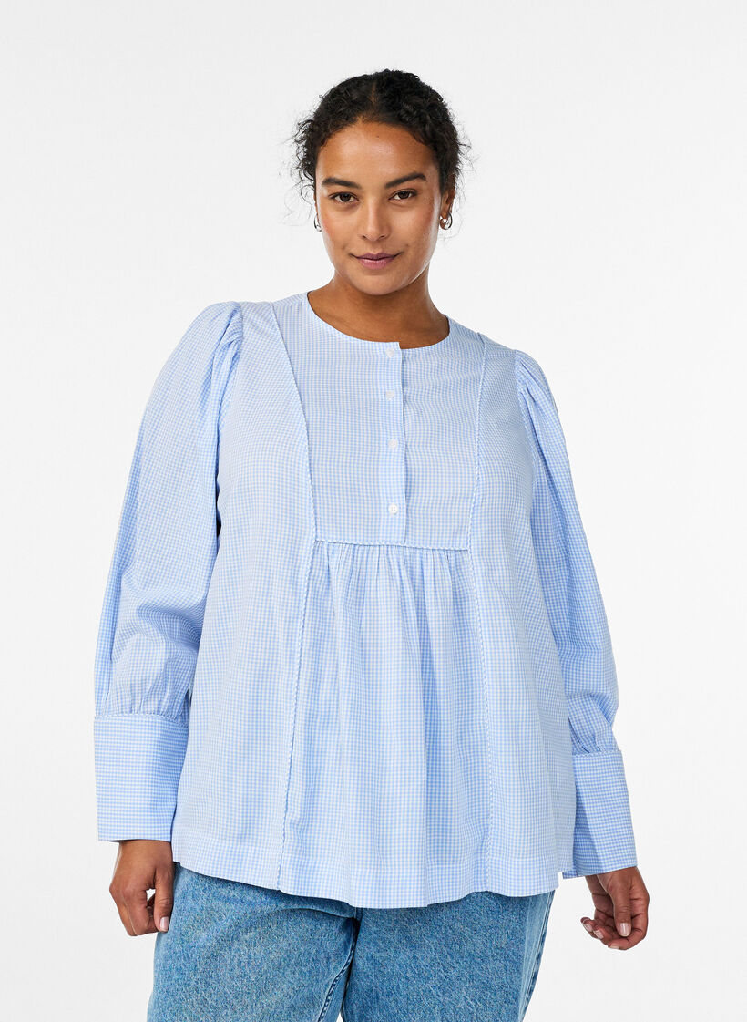 A-line check blouse, Blue, Model image number 0