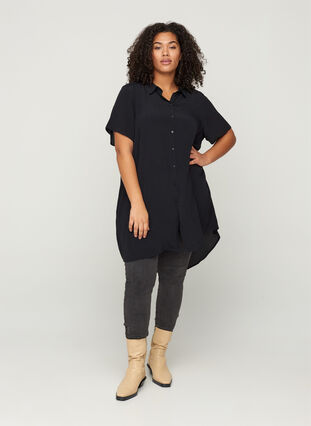 Short-sleeved viscose tunic with buttons, Black, Model image number 2