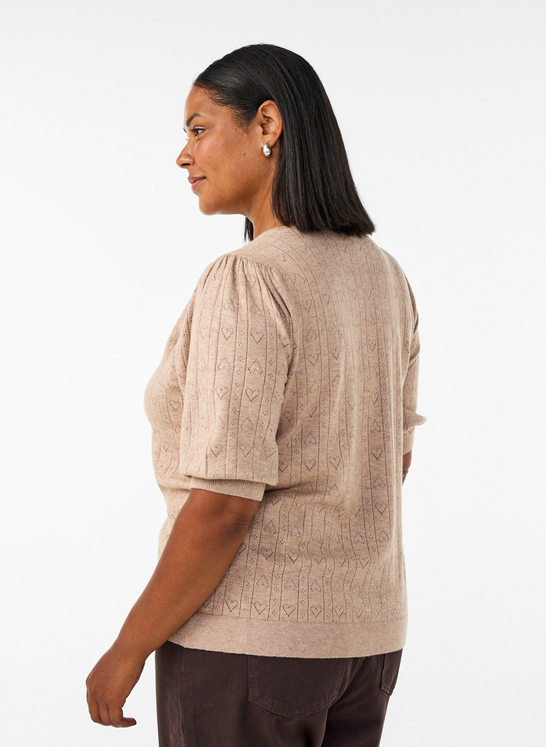 ZizzifashionShort-sleeved knit blouse with a pointelle pattern, Beige, Model image number 2