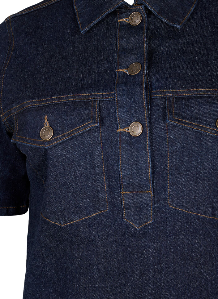 Denim dress with short sleeves and chest pockets, Dark Blue Denim, Packshot image number 2