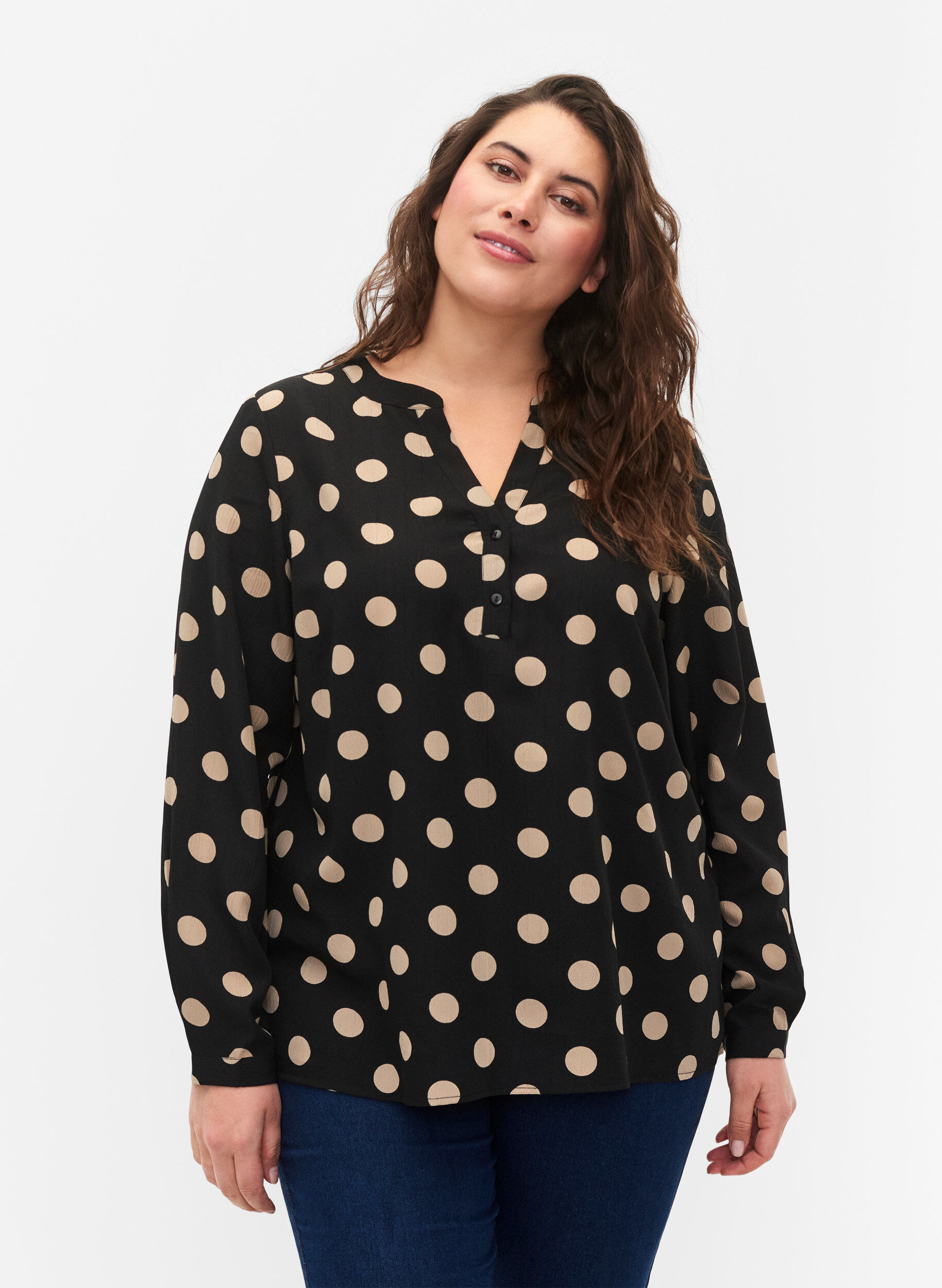 Zizzifashion FLASH - Long sleeve blouse with print, Black Brown Dot, Model image number 0