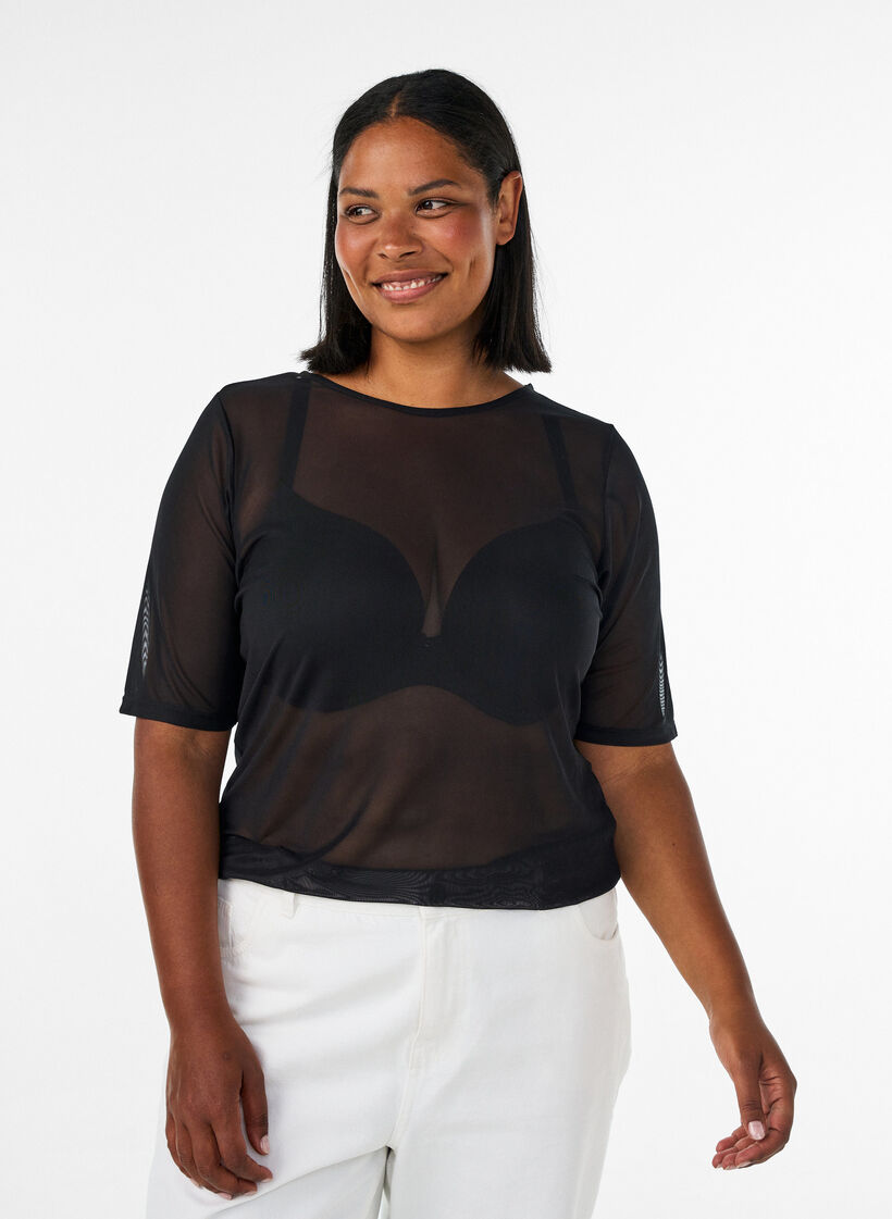 Mesh top with short sleeves and round neck, Black, Model image number 0