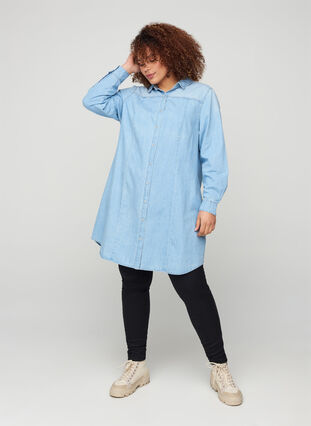Long denim shirt in cotton, Light blue denim, Model image number 2