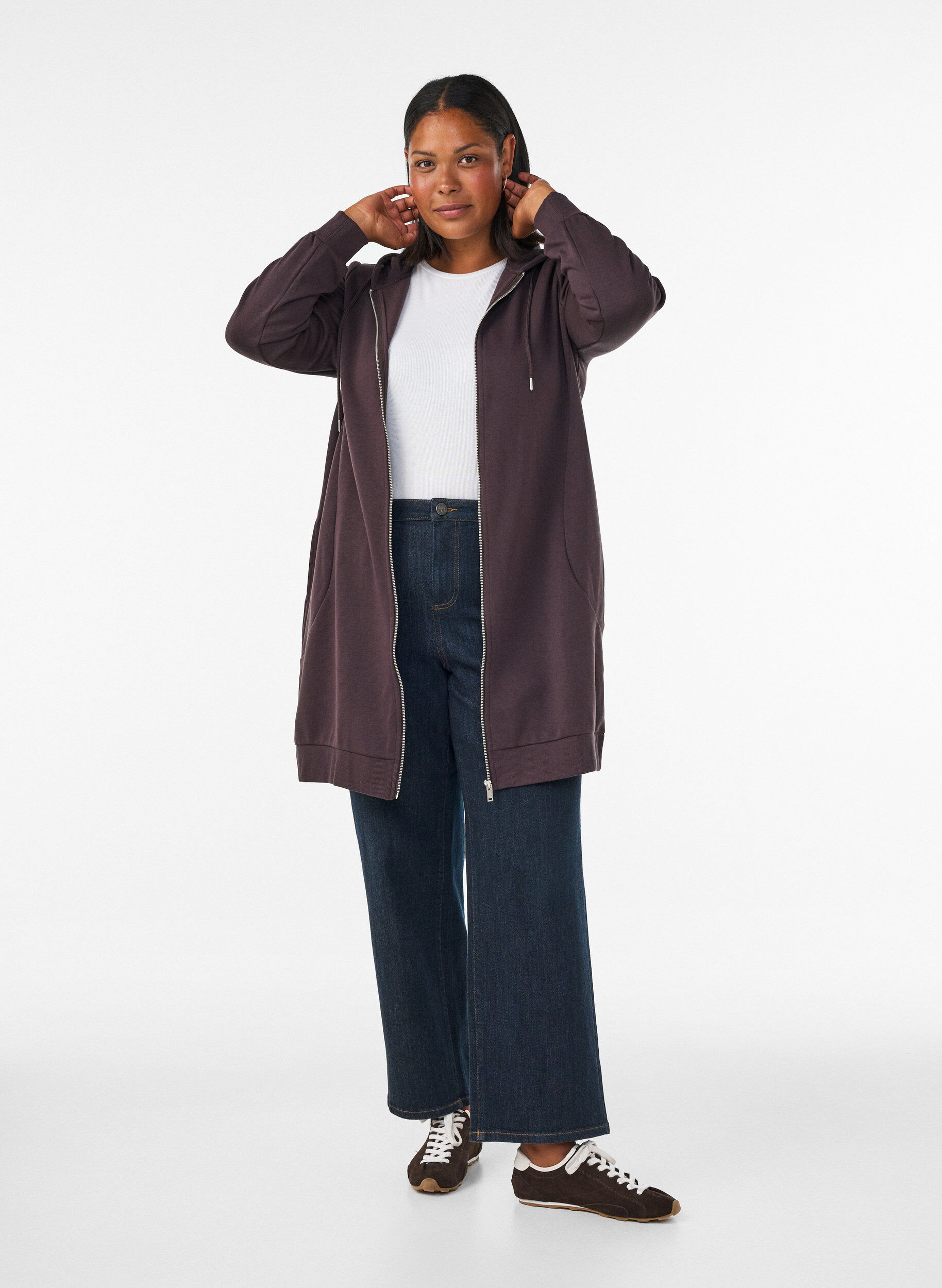ZizzifashionLong hoodie with zip and pockets, Brown, Model image number 1