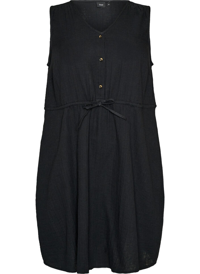 Sleeveless cotton muslin dress with tie string, Black, Packshot image number 0