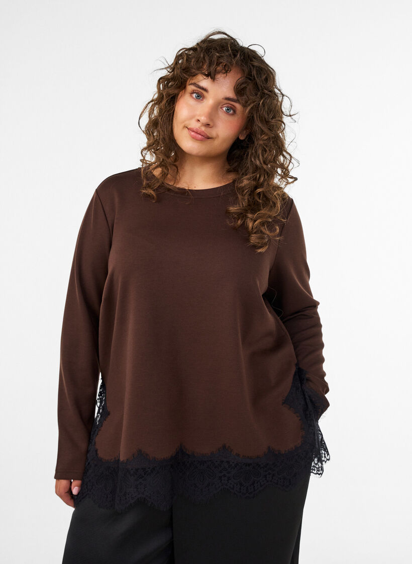 Jersey blouse with lace trim, Brown, Model image number 0